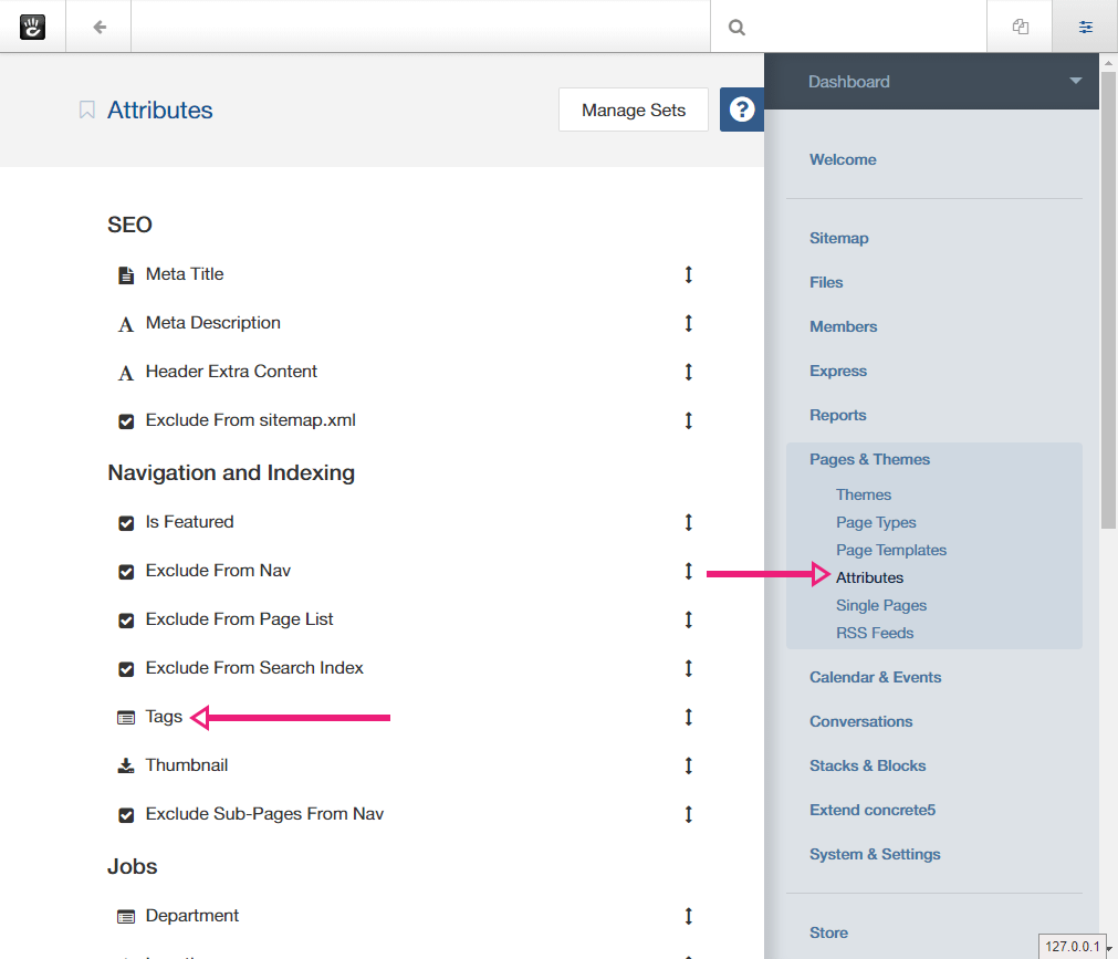 Page attributes list in concrete CMS