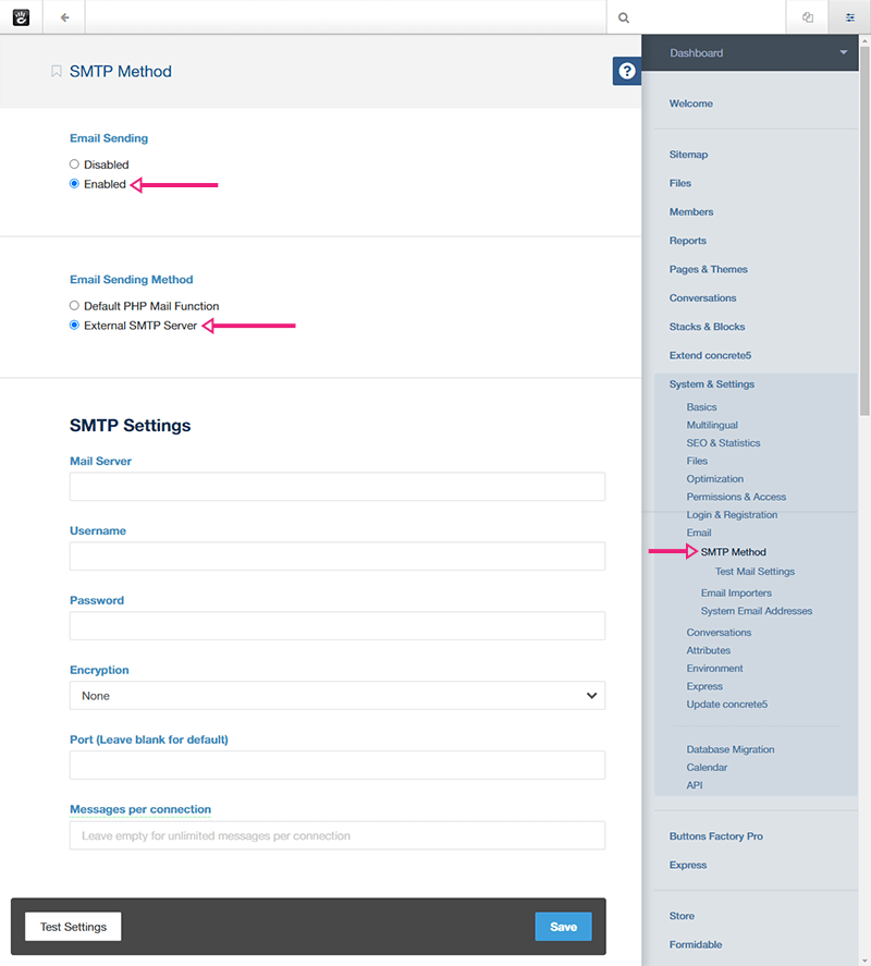 SMTP settings in concrete5