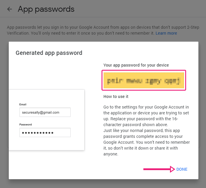 Your new app-specific secret password in Gmail