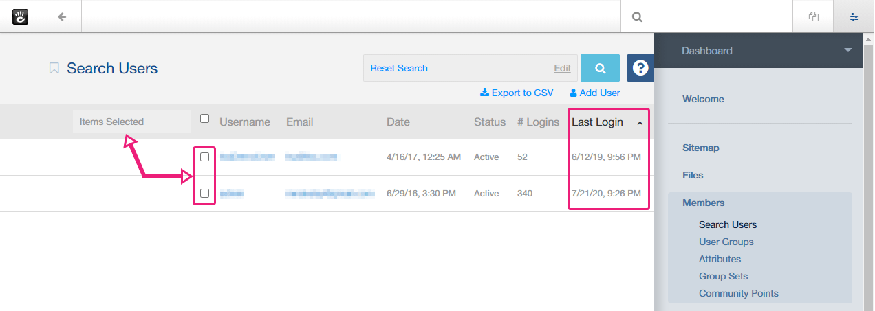 concrete5's users' list ordered by last login